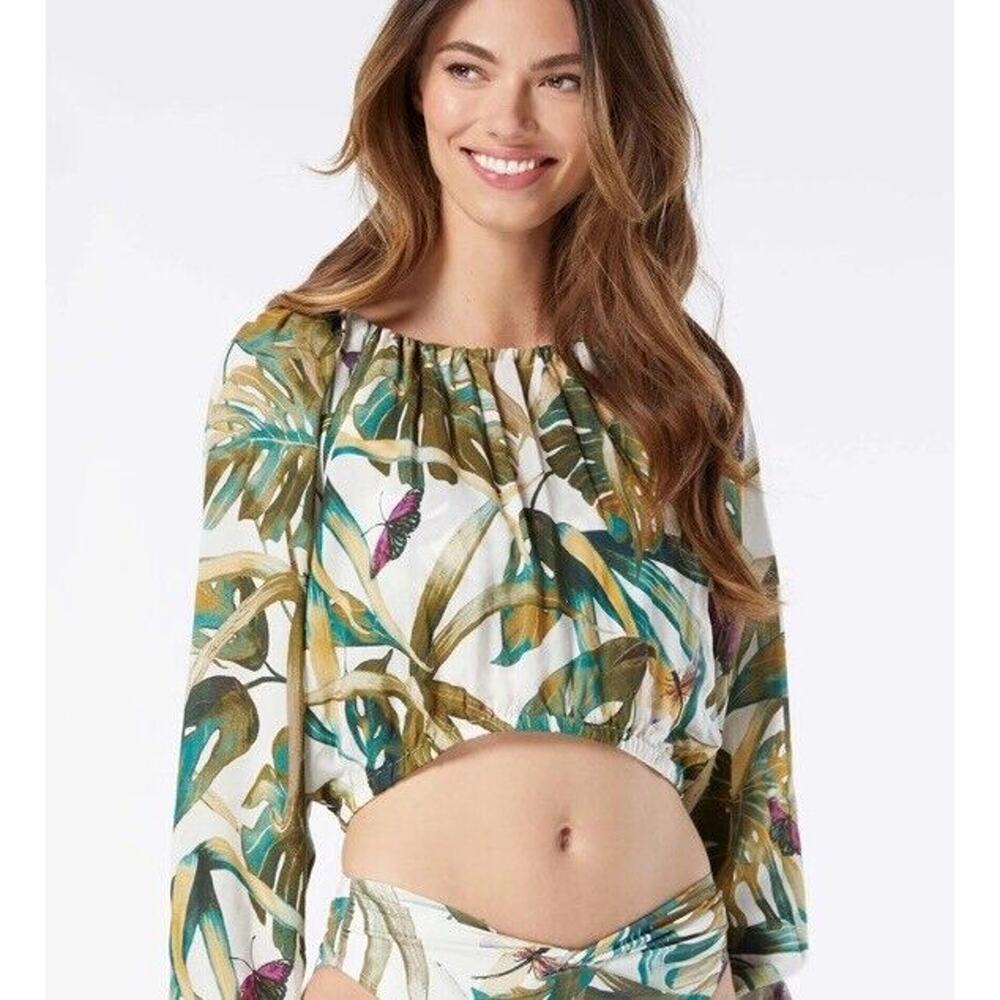 Vince Camuto Long Sleeve Crop Top Cover Up With Bikini Top $150.00 Size Large - Picture 2 of 6